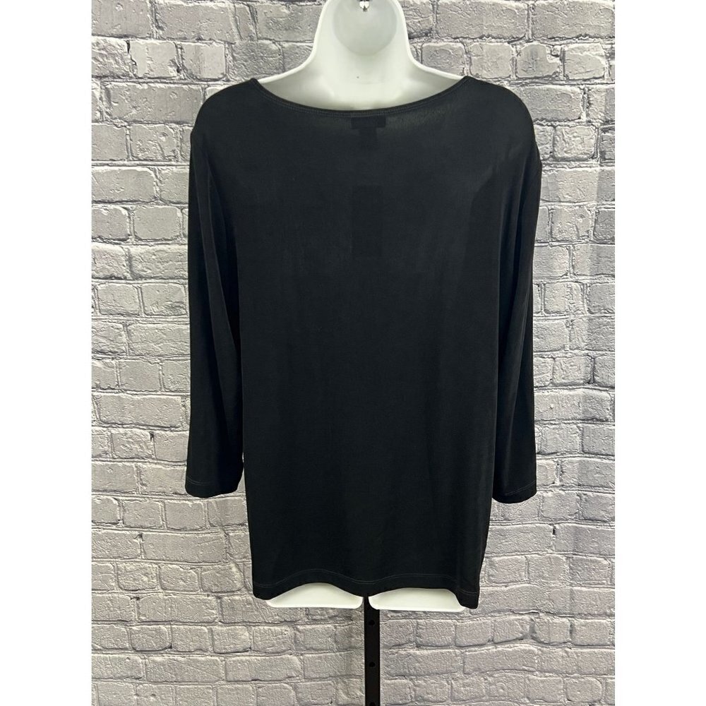 Chico's Travelers Slinky Crochet Neck Trim Top 3/4 Sleeve Size 2 L 12 NWT - Picture 2 of 7
